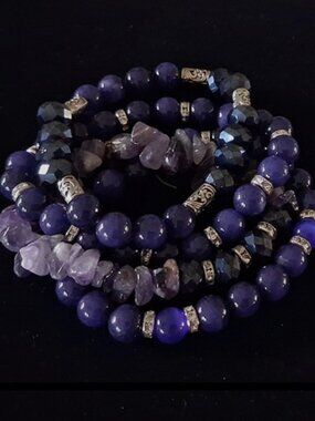 Handcrafted Amethyst & Faceted Amethyst Crystal Stretch Bracelet Stack